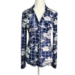 DNA Couture Sheer Navy Floral Check Button Down Shirt Long Sleeve Small